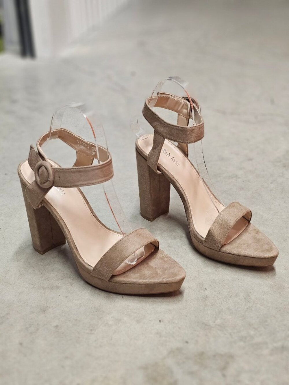 Taupe Faux Suede Block Heel Platform Sandals With Ankle Strap For Women